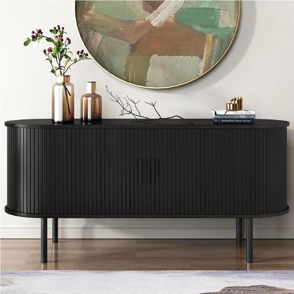 Ribbed Black Sideboard with Sliding Doors