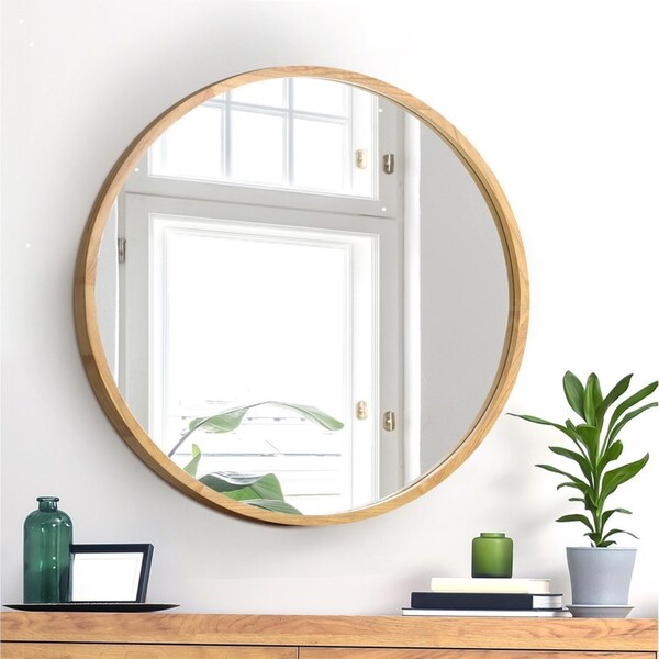 Oikiture 60cm Wooden Wall Mirrors Round Makeup Mirror Home Decor Dining Room