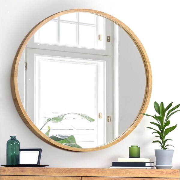 Oikiture 90cm Wooden Wall Mirrors Round Large Makeup Mirror Vanity Home Decor