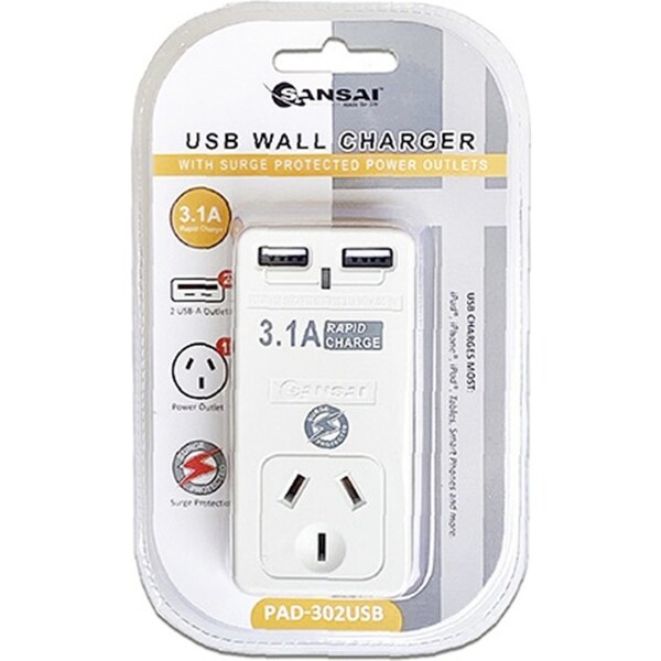 Sansai 3.1A USB Wall Socket Adaptor Plug Phone Charger With USB-A Ports White