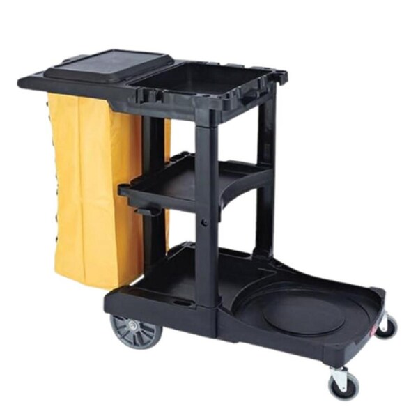 Dolphy 3-Shelf Plastic and Vinyl Housekeeping Trolley 124x55x100 cm - Black/Yellow Utility Cart with Zippered Laundry Bag and Detachable Design