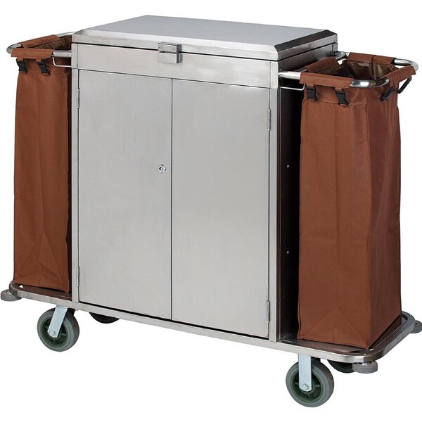 Dolphy Stainless Steel Housekeeping Trolley 140x45x106 cm - Brown Hotel Cleaning Cart with Lockable Cabinet, Side Bags & Heavy-Duty Wheels