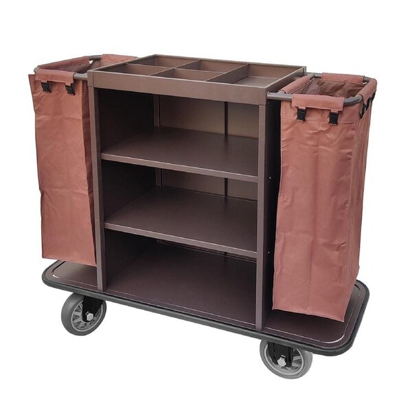Dolphy Integrated Waste Bin Housekeeping Trolley Cart 140x50x121 cm - Brown Cleaning Service Trolley with Storage Shelves & Wheels for Hotels, Offices, and Commercial Use