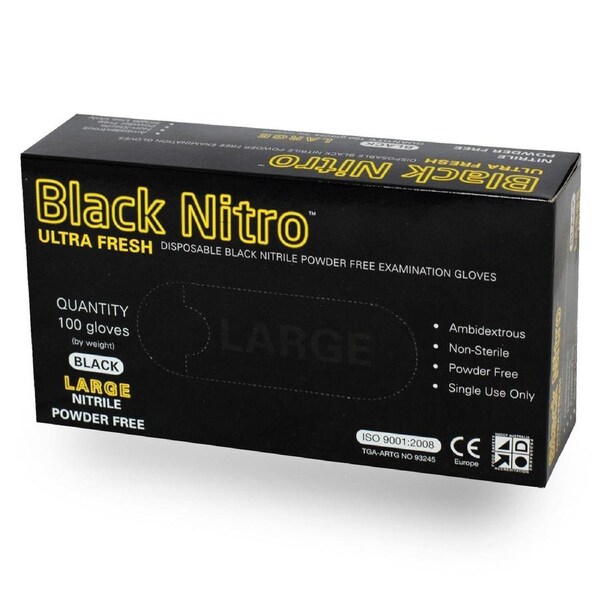 Ultra Fresh Black Nitrile Gloves - Powder Free, Large Size, Pack of 10 - Durable, Flexible, Non-Latex Disposable Gloves for Medical & Industrial Use