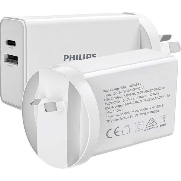 Philips 30W USB-A/USB-C Wall Charger Plug Power Adapter For iPhone/Samsung White
