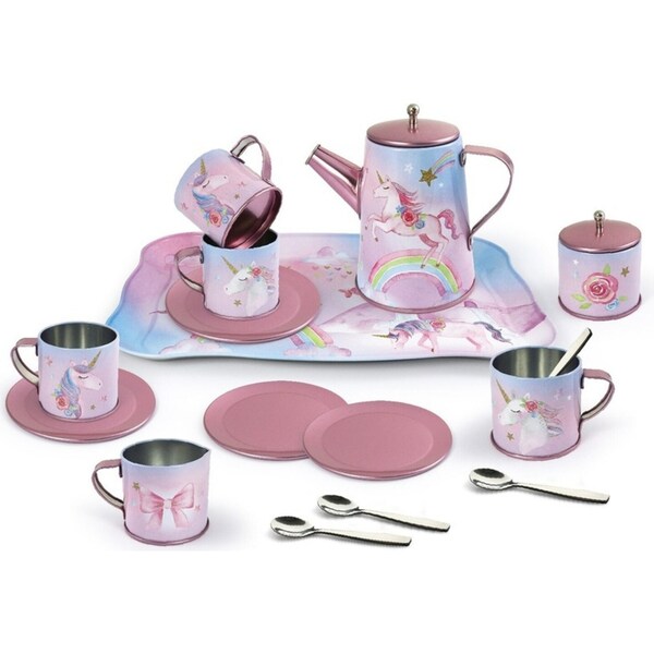 18pc Kaper Kidz Rainbow Unicorn Kids/Childrens Tin Tea Mug Set In Suitcase 3y+