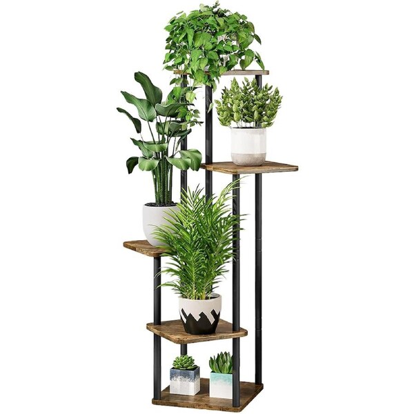 DelSol 5 Tier Wood Tall Plant Stand Metal Rack Flower Pot Holder Shelves Corner Rack