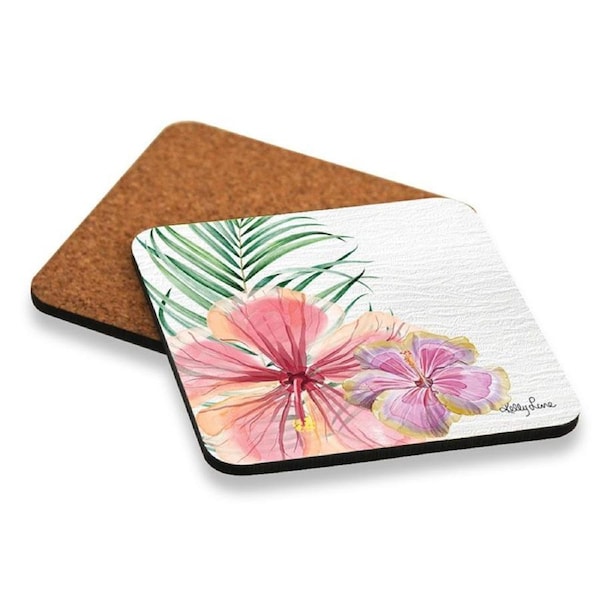 Country Kitchen Cork Backed Coasters Hibiscus Flower Set 6