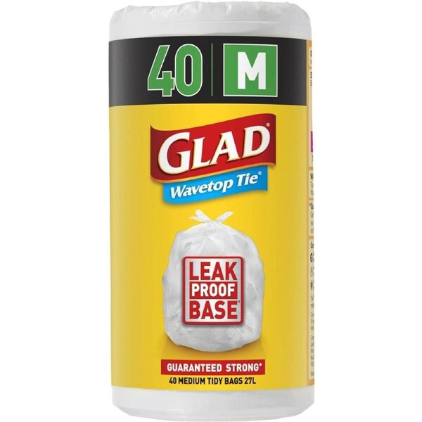 Glad Wavetop Tie Rubbish Bags, 40 Medium Kitchen Tidy Bags, Medium Size Fits 27L Bin, 40 Count