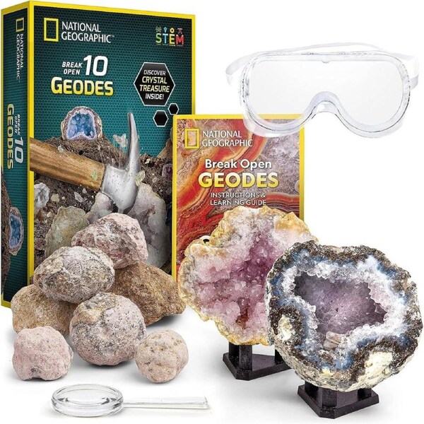 NATIONAL GEOGRAPHIC Break Open 10 Premium Geodes – Includes Goggles and Display Stands - Great STEM Science Kit, Geology for Kids, Geode Crystals, Toys for Boys and Girls