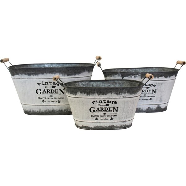 3pc Rustic 25.5/30/34.5cm Oval Planter w/ Handle Garden Pot Display Set Grey