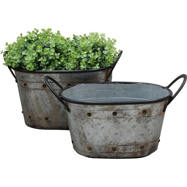 2pc French 44/39cm Oval Tub Planter w/ Handle Garden Display Flower Pot Set Grey