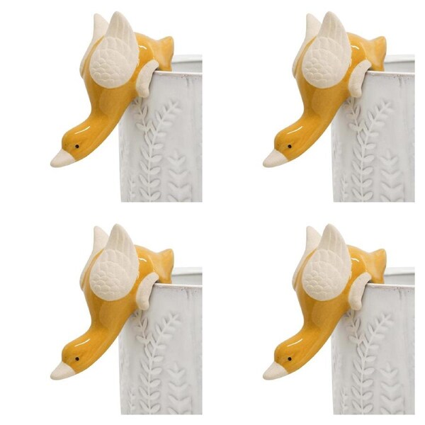4x Ceramic 7cm Stoneware Pot Sitter Goose Ornament Sculpture Home Decor Yellow