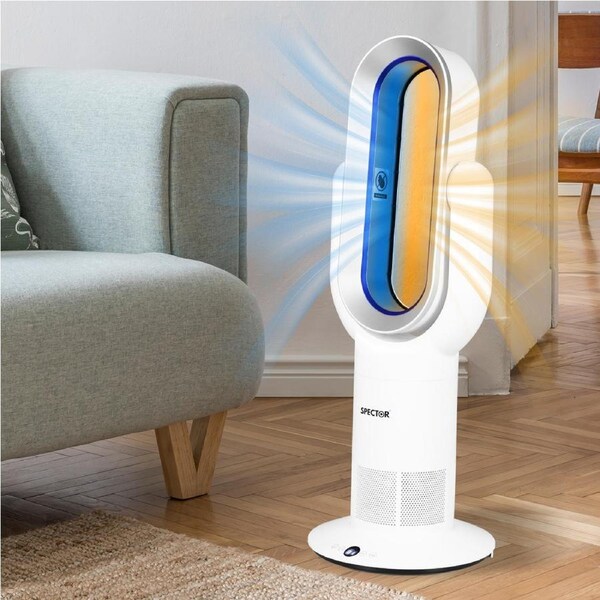 Spector Ceramic Space Heater Electric 1650W Portable Remote Quiet Bladeless Fan White and Blue