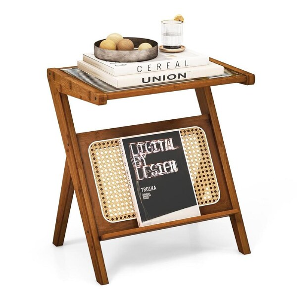 Giantex Boho Bedside Table Bamboo Nightstand Sofa Side Accent Table w/Glass Tabletop & Rattan Rack, Walnut