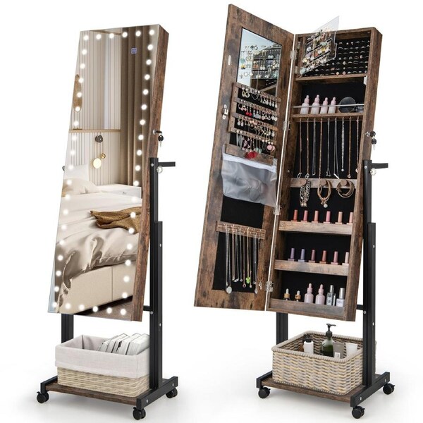 Giantex Mobile Jewellery Cabinet 3-Color LED Jewelry Storage Organiser w/Makeup Mirror & Adjustable Height Brown