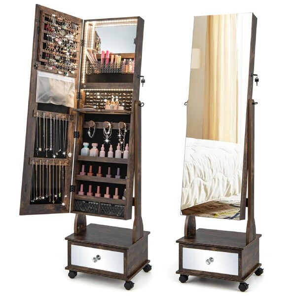 Giantex Mobile Jewelry Mirror Cabinet Adjustable Angle Jewelry Organiser w/3-Color LED Light/Foldable Shelf & Drawer Rustic Brown
