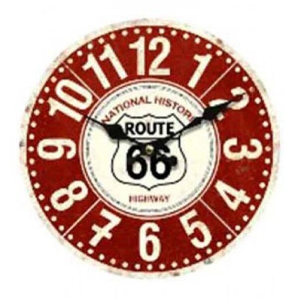 French Country Retro Wall Clock Red Route 66 34cm