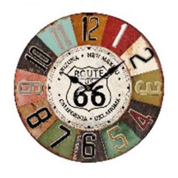 French Country Retro Wall Clock Route 66 Coloured Numbers 34cm