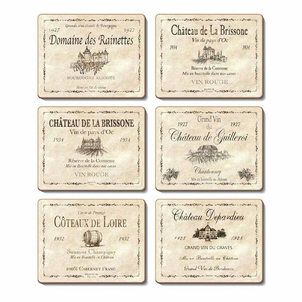 Cinnamon Wine Labels Cork Backed Drink Coasters Set 6