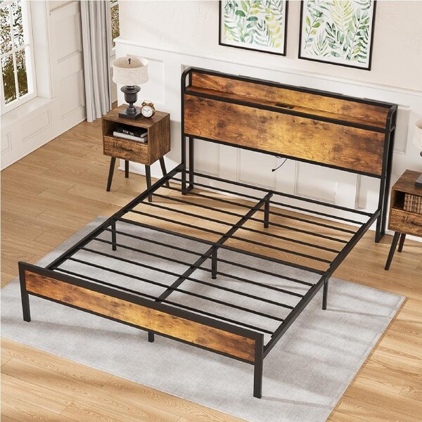 Advwin Double Size Bed Frame Mattress Base with Charging Station and USB Ports Industrial Storage Headboard