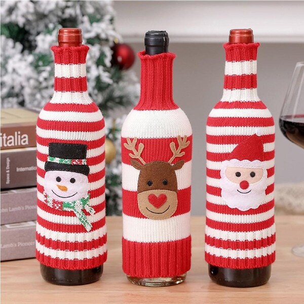 3Pcs Christmas Wine Bottle Sleeves Knitted Striped Wine Bottle Cover Party Decor