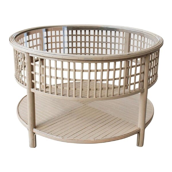 New Rustic Bamboo 79.5cm Round Coffee Table w/ Glass Top Furniture Decor Natural