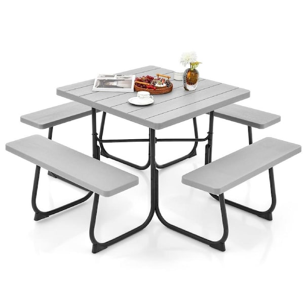 Costway 8-person Picnic Dining Table Outdoor Beer Bench Set Garden Furniture All Weather w/Umbrella Hole Party Backyard Grey