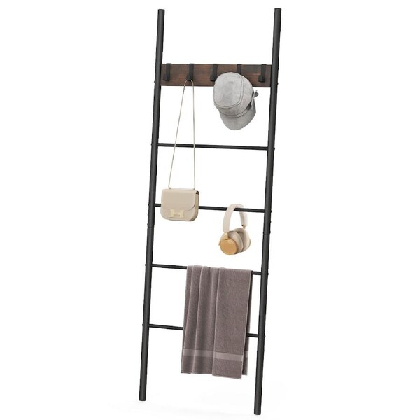 Giantex 5-Tier Ladder Shelf Wall Leaning Blanket Ladder w/5 Removable Hooks Blanket Holder Rack