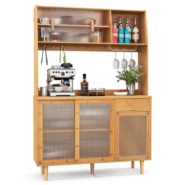 Giantex Bamboo Buffet Cabinet Wine Bar Kitchen Cupboard w/Glass & Rattan Door Pantry Cabinet Sideboard Dining Room