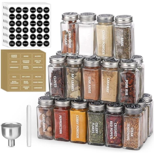 Spice Jars, 28 Pack 3.5 OZ Clear Glass Spice Jars with 324 Labels, Shaker Lids and Airtight Metal Caps, Empty Reusable Square Seasoning Storage Bottle Jars