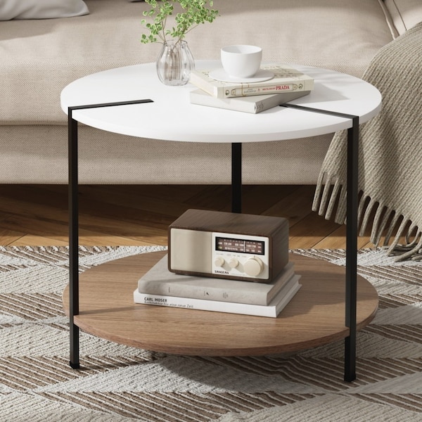 2-Tier Artiss Coffee Table Side Table Round White Cedric