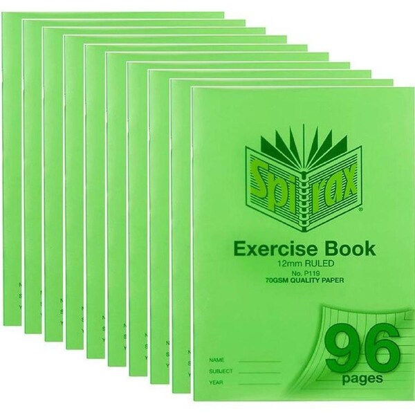 Spirax P119 Exercise Book Ruled 12mm 70gsm 96 Page A4 Green 10 Pack
