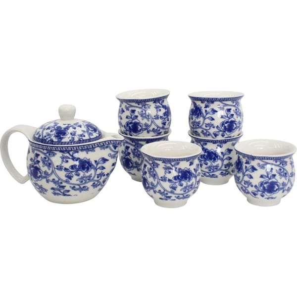 7pc Floral Ceramic 16cm Teapot/7cm Cup Hot Tea Set Drinking Mug Tableware Blue