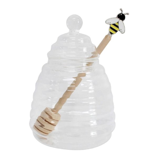 Glass 16cm Honey Pot w/ Dipper Bee Syrup Jar Container Spoon/Drizzler Clear
