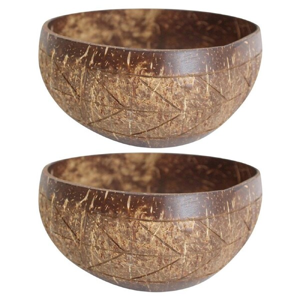 2x Coconut 13cm Bowl Carved Round Home/Dining Decorative Display Boho Dish Brown