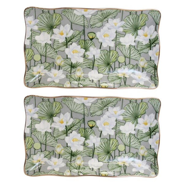 2x Water Lily Porcelain 20cm Plate Food/Snack Serving Dish Rectangle Tableware