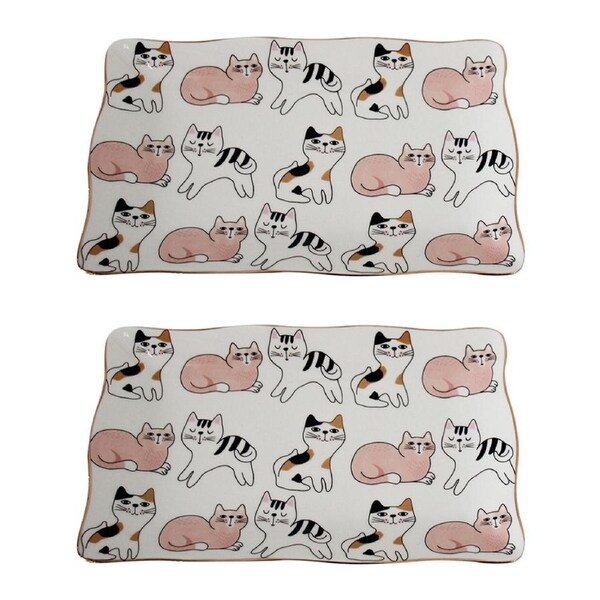 2x Sassy Cats Porcelain 20cm Plate Food/Snack Serving Dish Rectangle Tableware