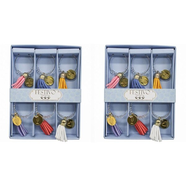 2x 6pc PU/Metal 13cm Wine Charms Tassel Champagne Bottle Ring Tag/Marker Set