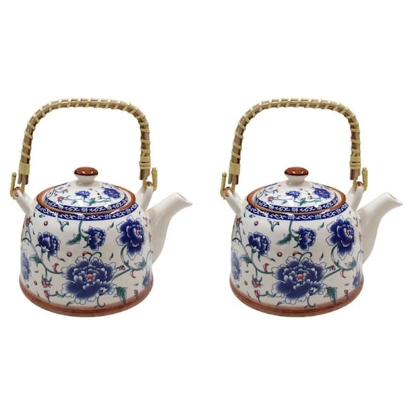 2x Blue Flowers 18cm Ceramic Teapot Decor Brewing Tea Container Pot w/ Handle