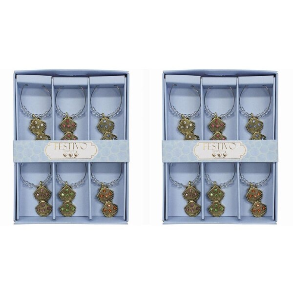 2x 6pc Metal 13cm Wine Charms Double Shell Champagne Bottle Ring Tag/Marker Set