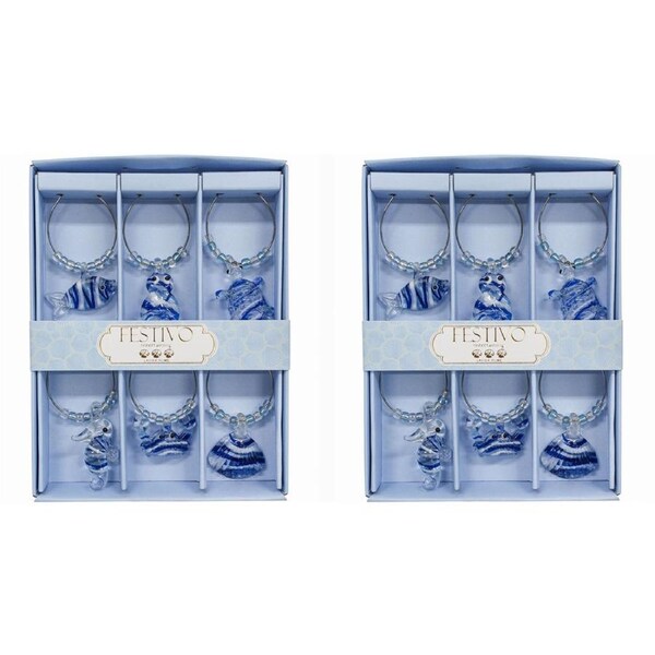 2x 6pc Glass 13cm Wine Charms Ocean Champagne Bottle Ring Tag/Marker Set Blue