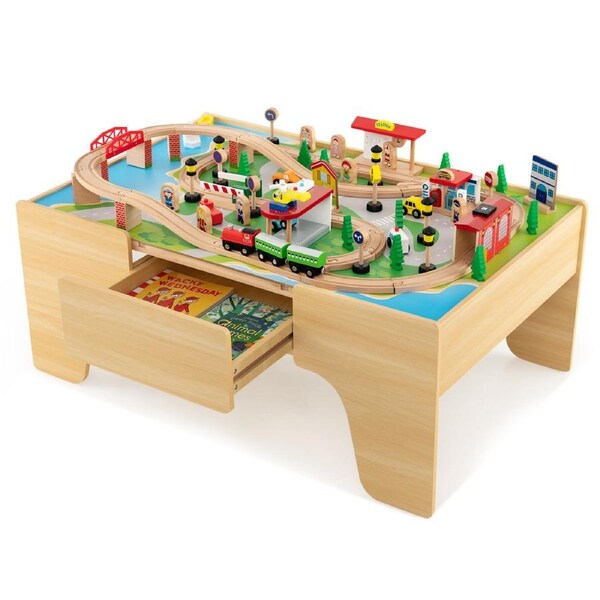 Costway 84 Pcs Wood Train Set Table Model Train Track Set Pretend Play Toy Drawer Natural