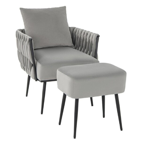 Giantex Velvet Accent Chair & Ottoman Set Lounge Chair Single Leisure Armchair w/Pillow/Weaved Back & Arms Grey