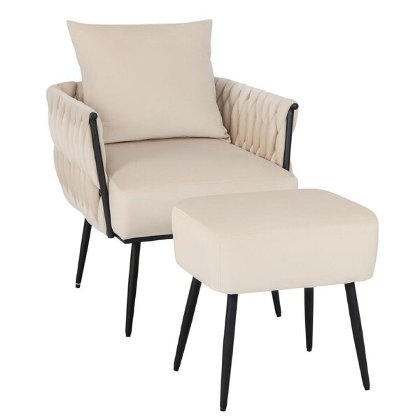 Giantex Velvet Accent Chair & Ottoman Set Lounge Chair Single Leisure Armchair w/Pillow/Weaved Back & Arms Beige
