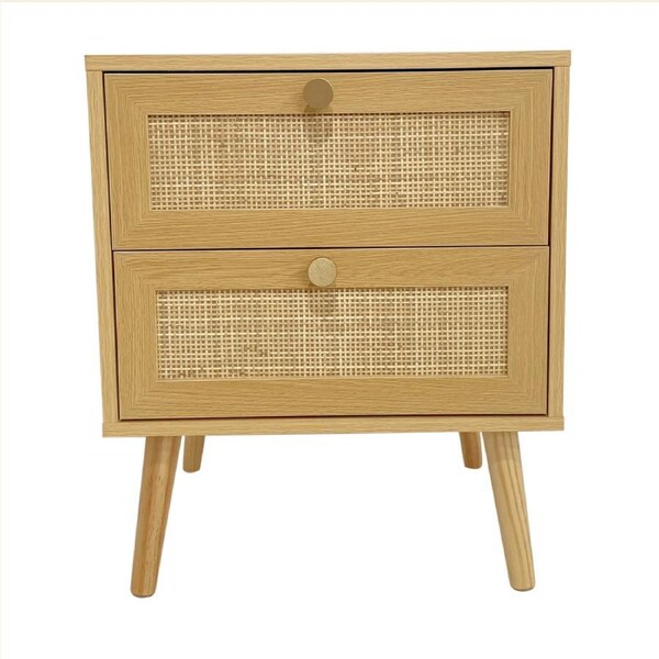 Foret Rattan Bedside Table 2 Drawers Nightstand Storage Cabinet Wood Bedroom