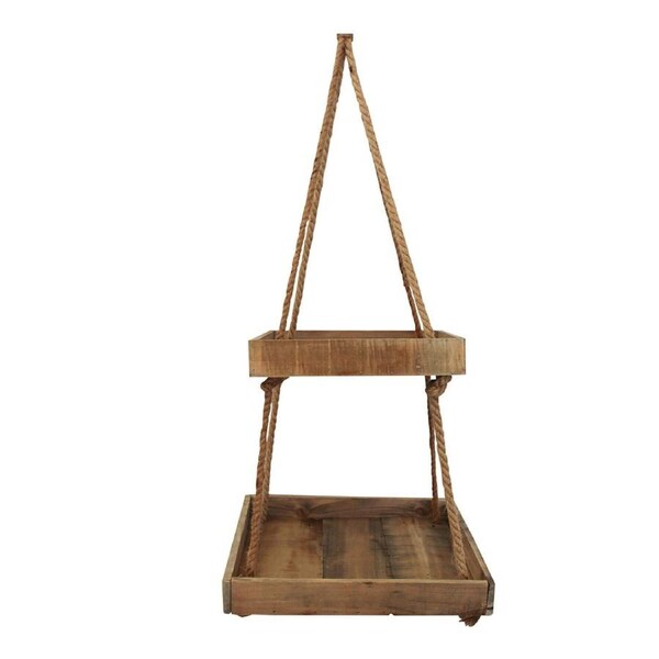 Wood 110cm Rustic 2-Tier Hanging Tray Home Storage Display Square Rack Brown