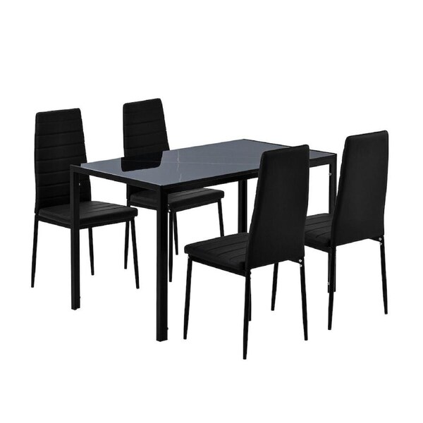 Marble Dining Table Set 4 Chairs Faux Marble Large Glossy Desk Modern Restaurant Kitchen Bedroom Office Work Black
