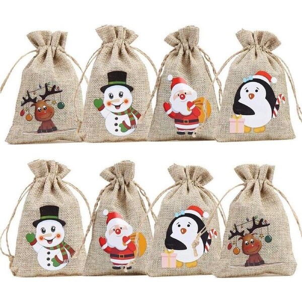 Christmas Linen Bags with Drawstrings Christmas Burlap Goody Gift Bags with Double Jute Drawstrings,12