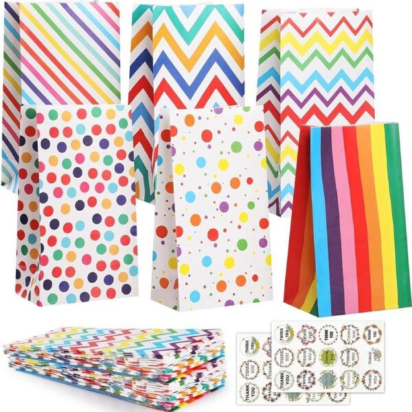 Bigqin 24PCS Party Gift Bag for Christmas with Thank You Stickers, 6 Colors Party Supplies Bags Wrapping Bags Gift Bags Gift Paper Bags for Kids Girls Boys Birthday Bags Party Bags Wedding Favor Bags